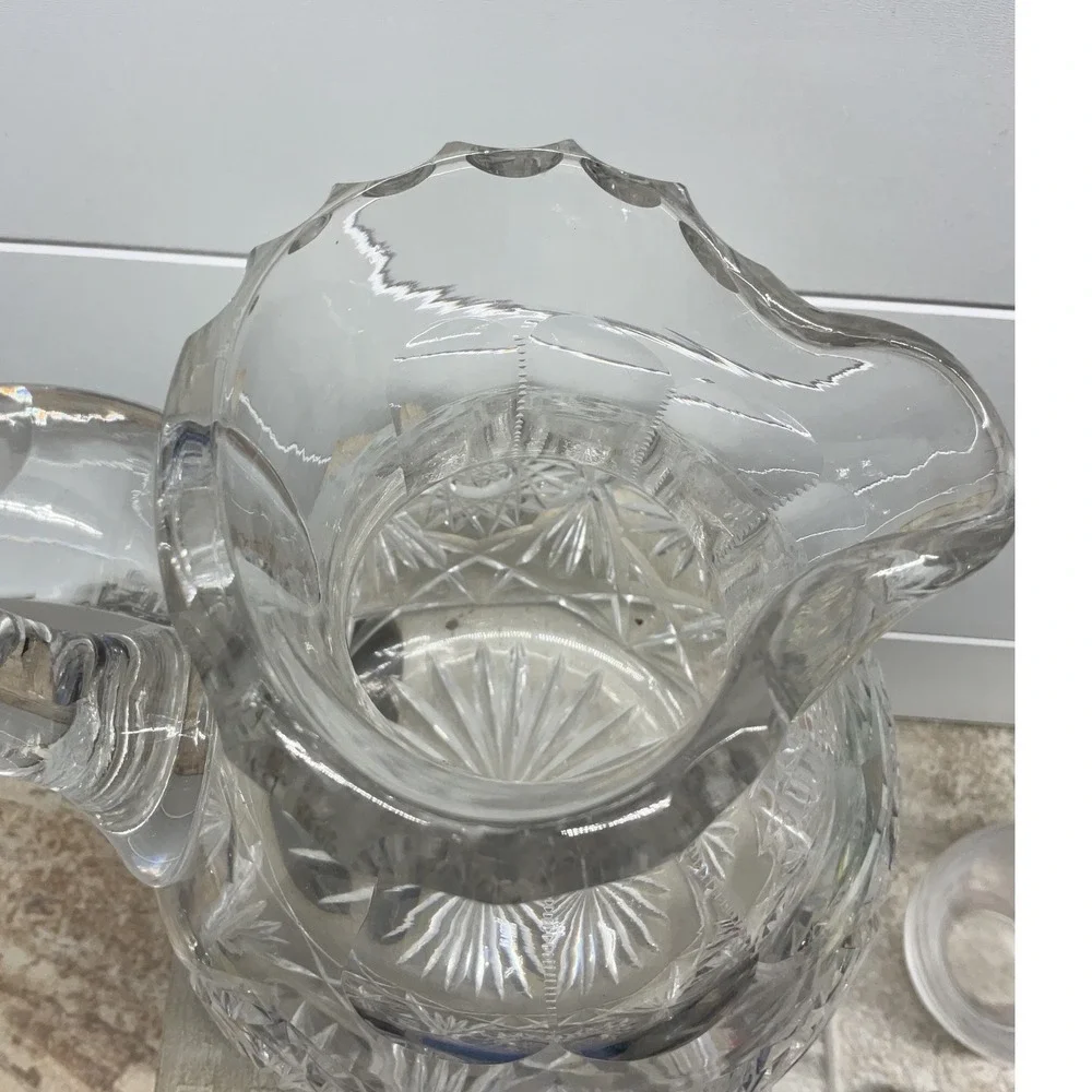 Vintage American Brilliant Style Cut Glass Pitcher Starburst Diamond Clear 8in
